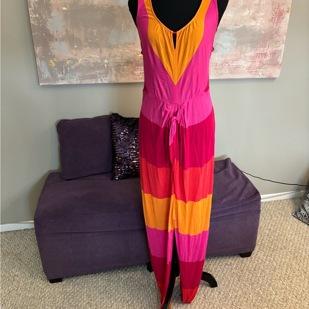 Vivid Pink & Orange Stripe Maxi Dress with Tie Waist